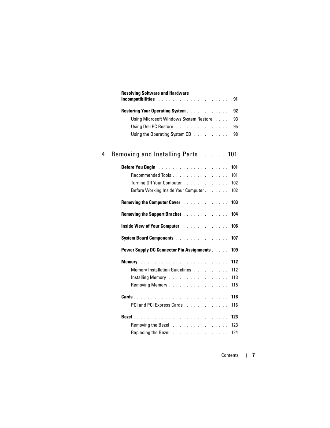 Dell 531S Resolving Software and Hardware, Using the Operating System CD, 101, 107, 112, 113, 115, 116, 123, 124 