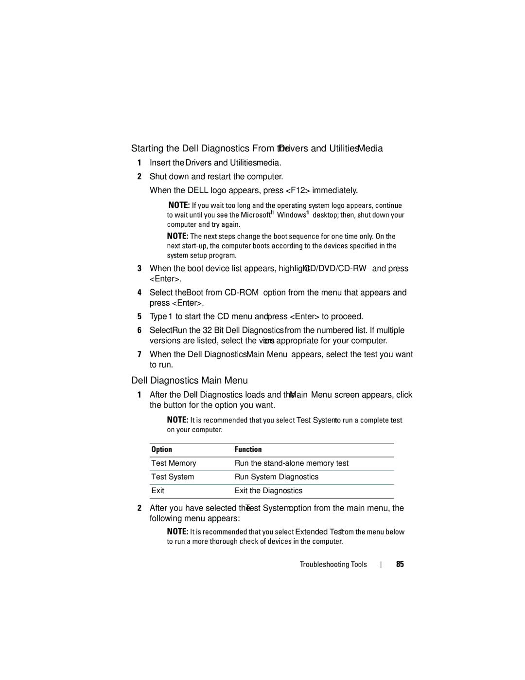 Dell 531S owner manual Dell Diagnostics Main Menu, Option Function 