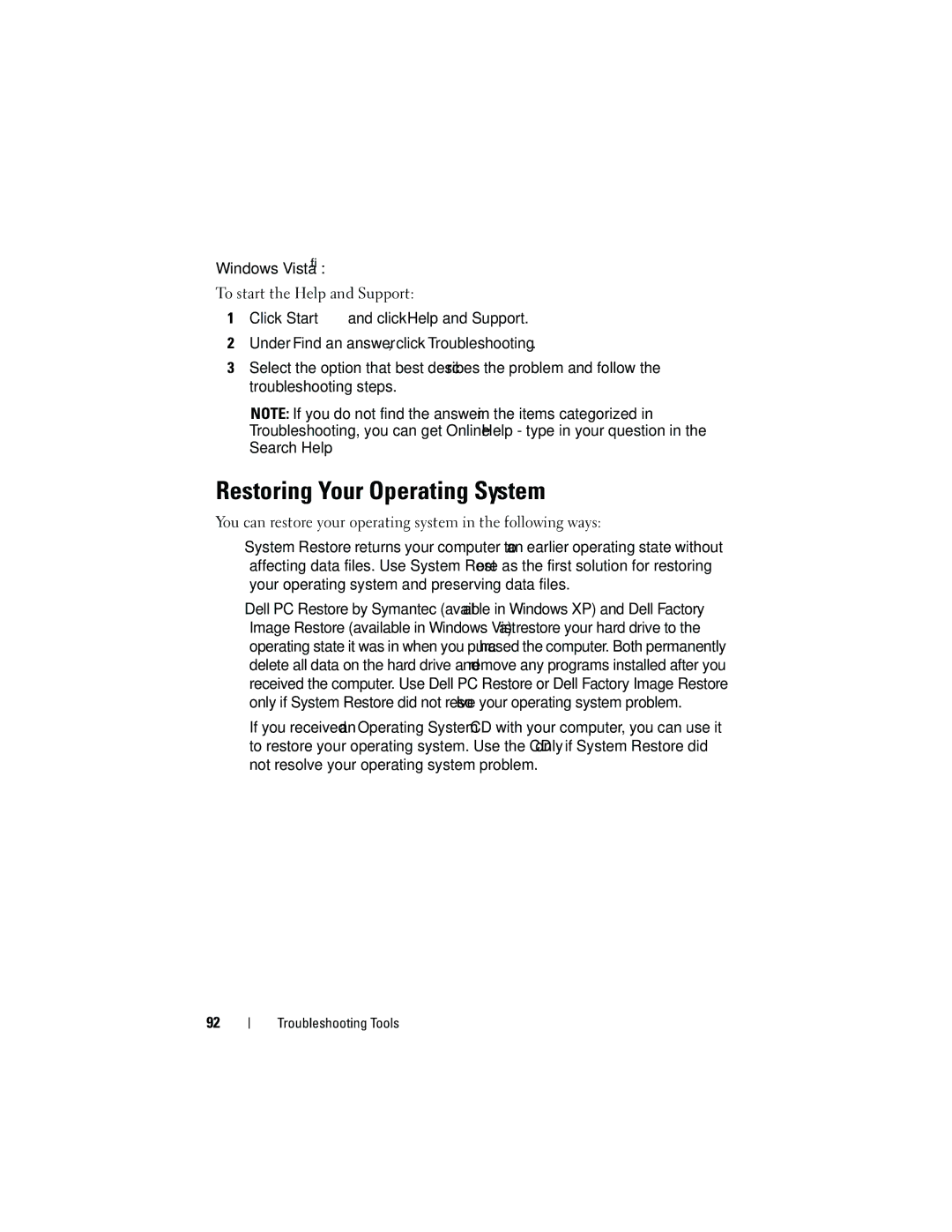 Dell 531S owner manual Restoring Your Operating System, Windows Vista 