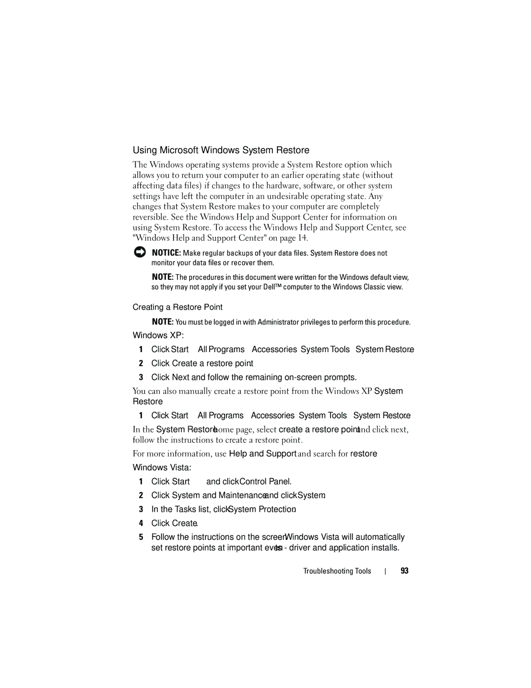 Dell 531S owner manual Using Microsoft Windows System Restore, Creating a Restore Point Windows XP 