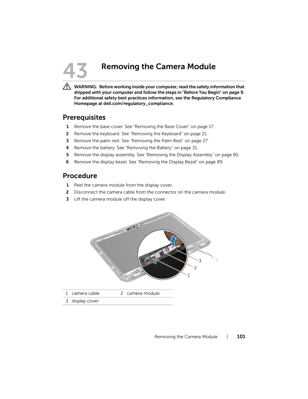 Dell 5323 owner manual Removing the Camera Module 