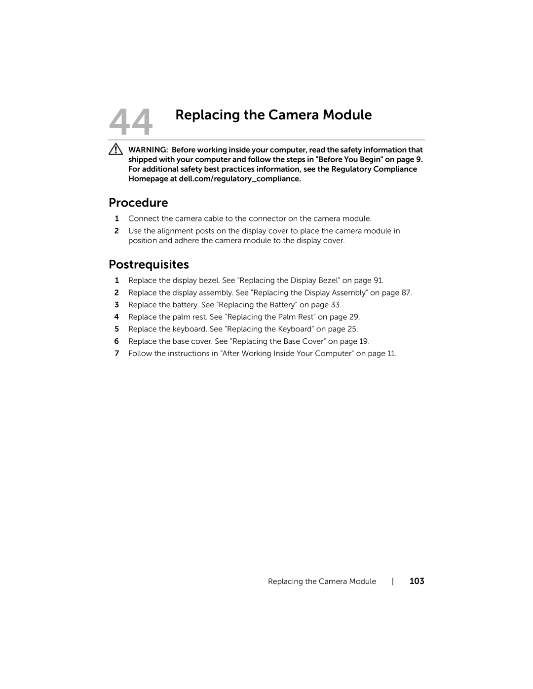 Dell 5323 owner manual Replacing the Camera Module 