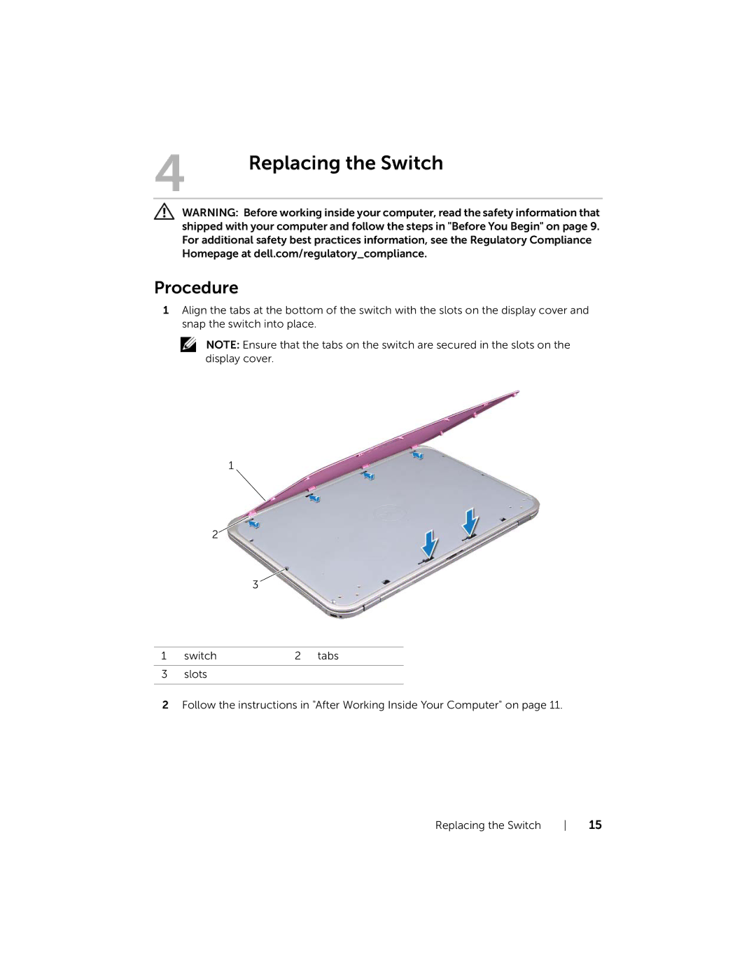 Dell 5323 owner manual Replacing the Switch 