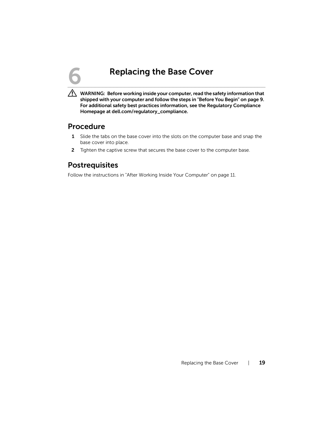 Dell 5323 owner manual Replacing the Base Cover, Postrequisites 