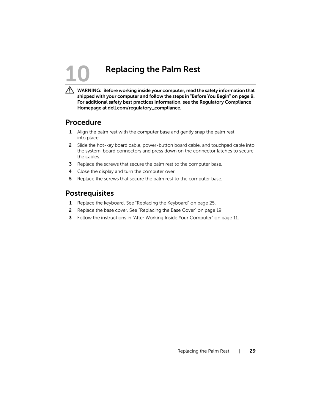 Dell 5323 owner manual Replacing the Palm Rest 