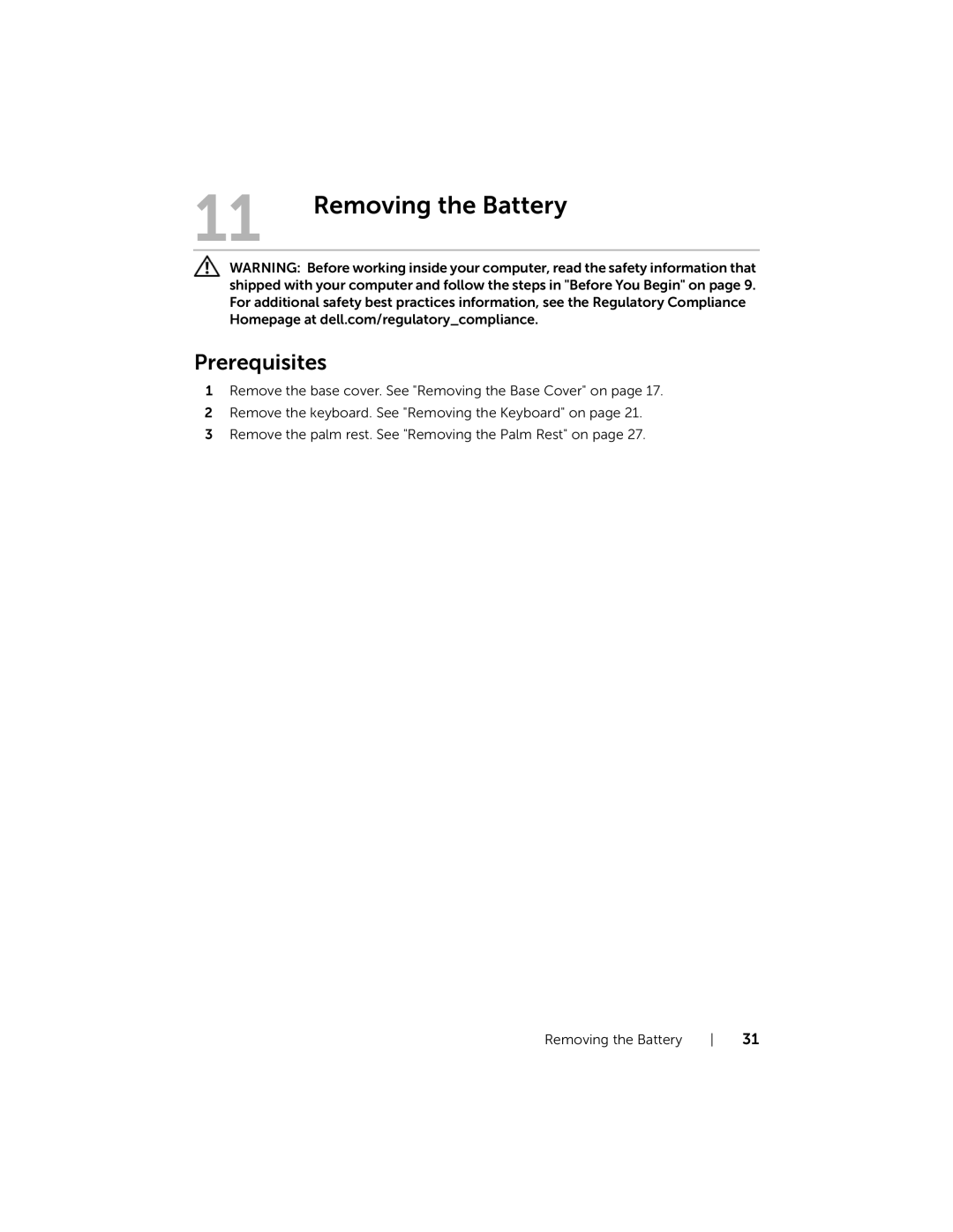 Dell 5323 owner manual Removing the Battery 