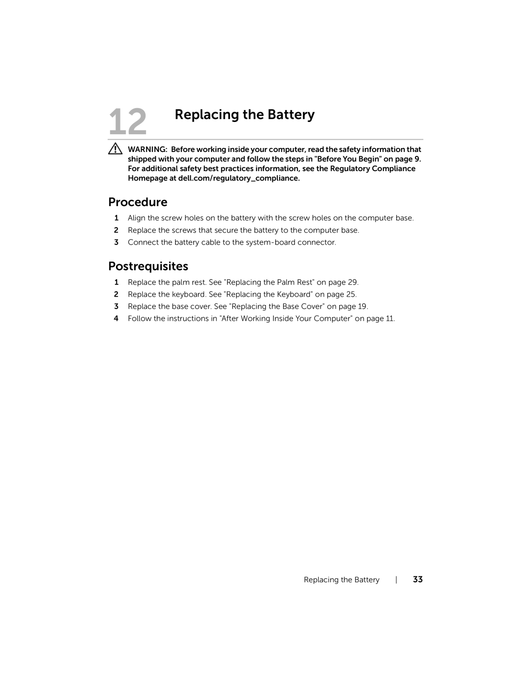 Dell 5323 owner manual Replacing the Battery 