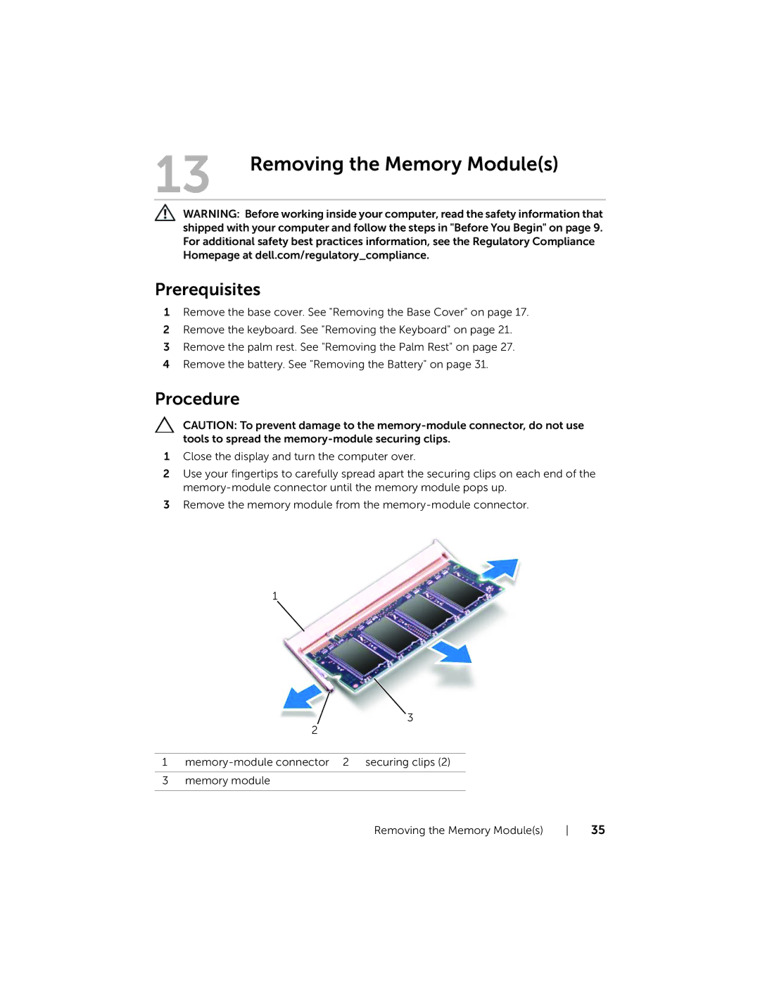 Dell 5323 owner manual Removing the Memory Modules 