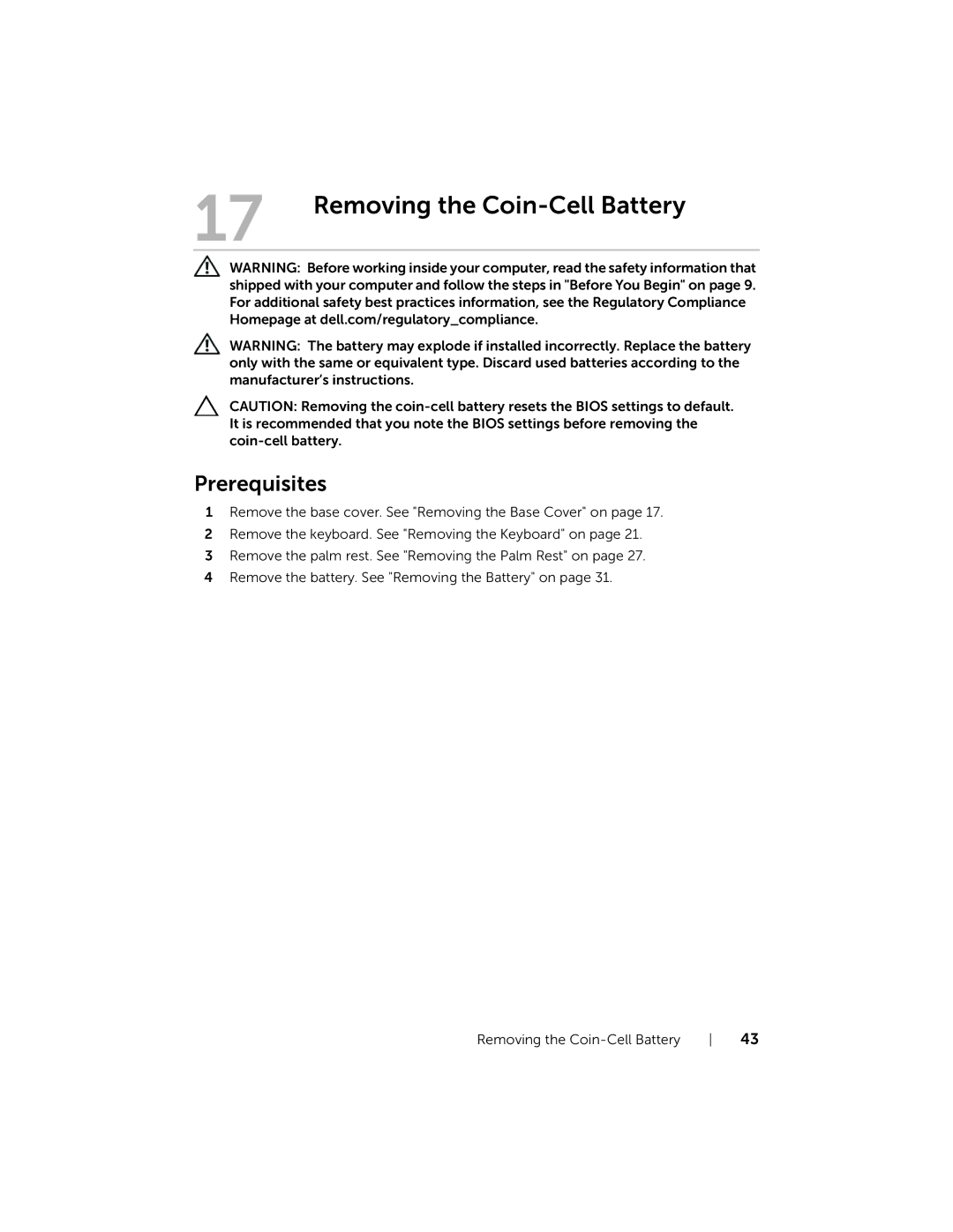 Dell 5323 owner manual Removing the Coin-Cell Battery 