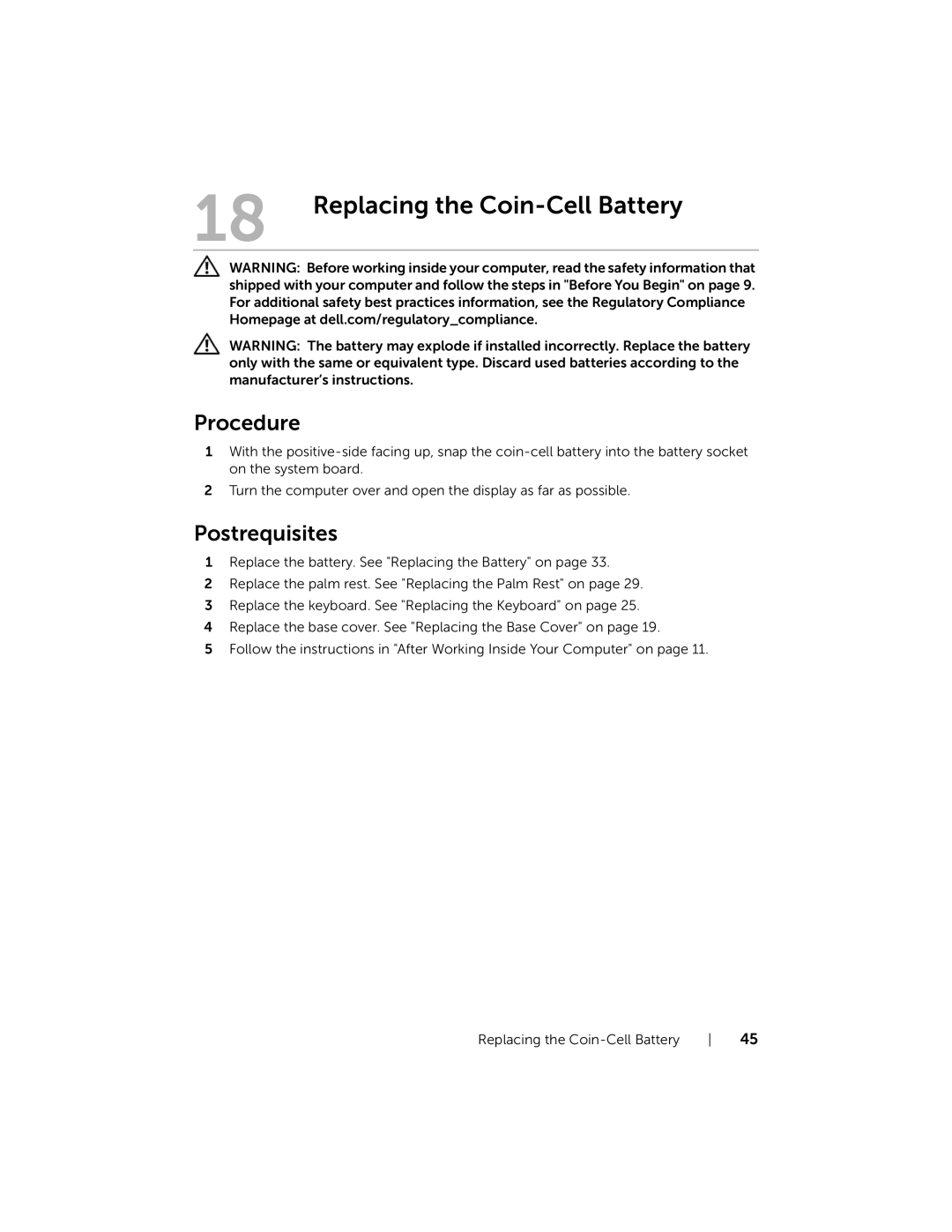 Dell 5323 owner manual Replacing the Coin-Cell Battery 