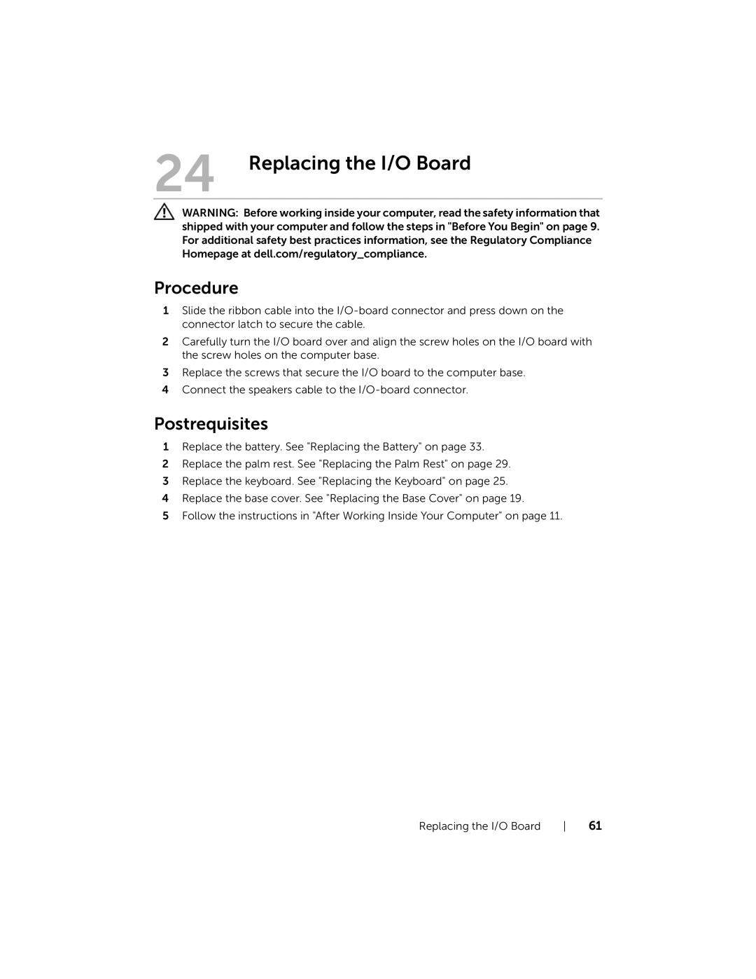 Dell 5323 owner manual Replacing the I/O Board 