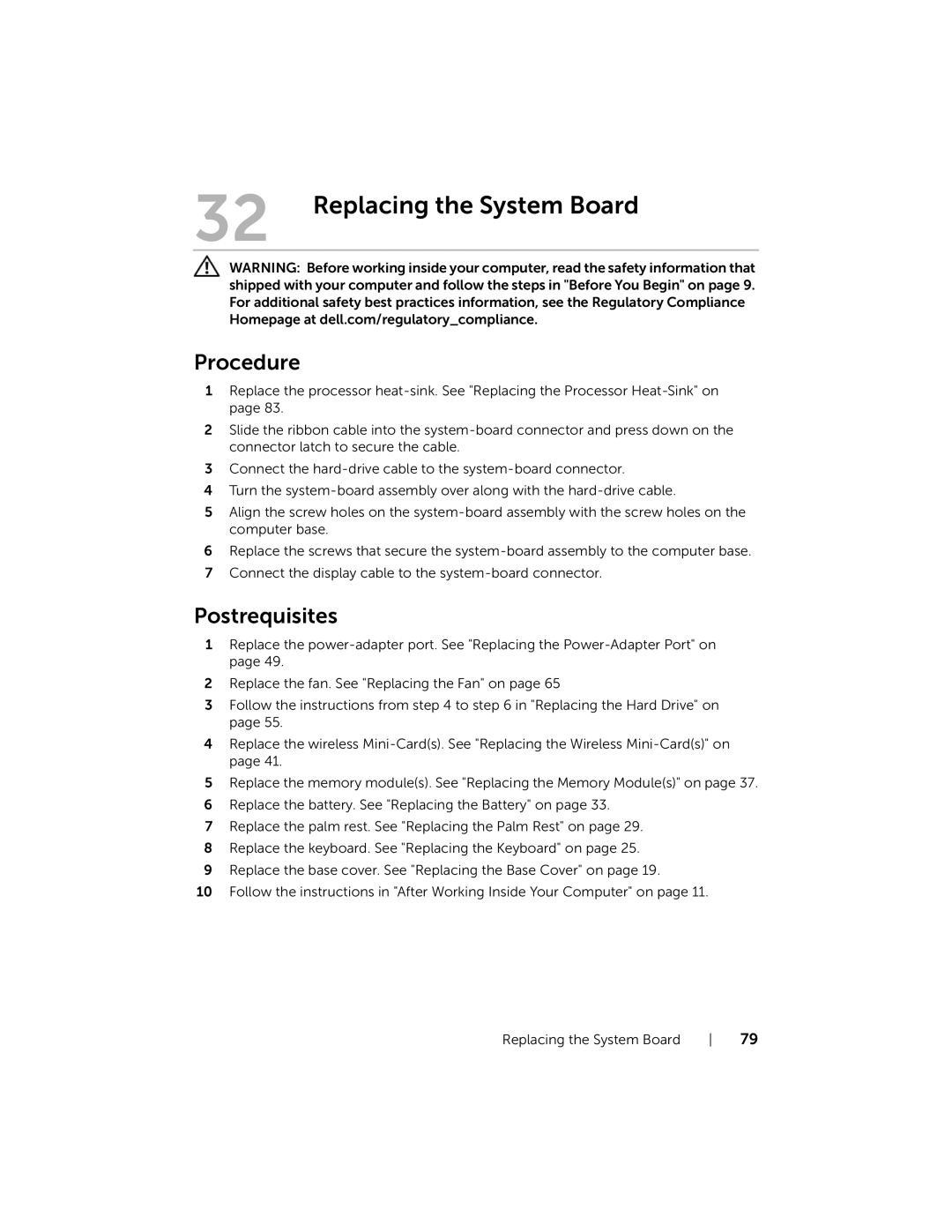 Dell 5323 owner manual Replacing the System Board 