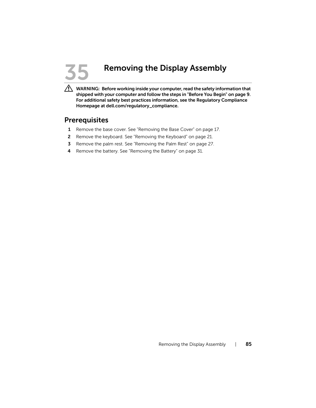 Dell 5323 owner manual Removing the Display Assembly 