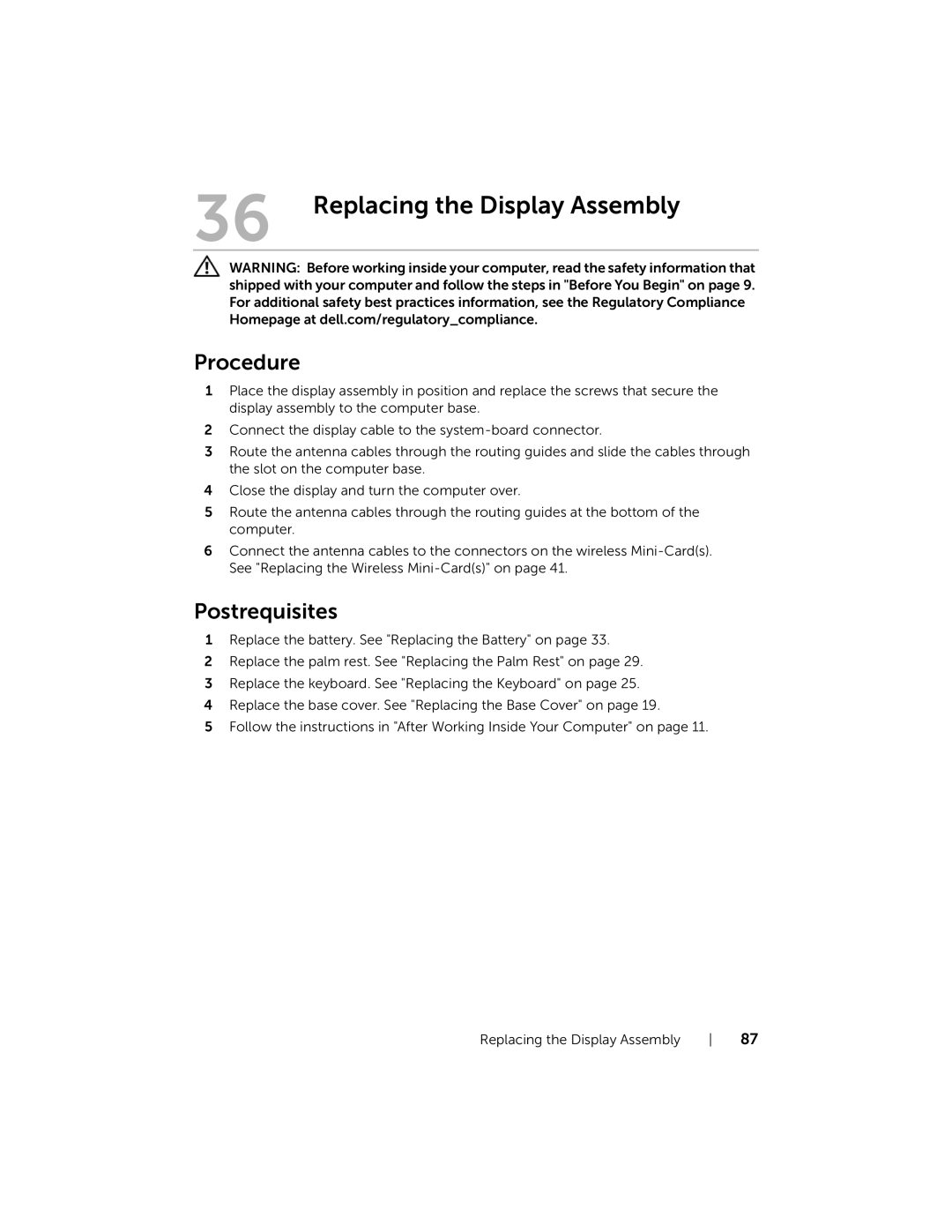 Dell 5323 owner manual Replacing the Display Assembly 