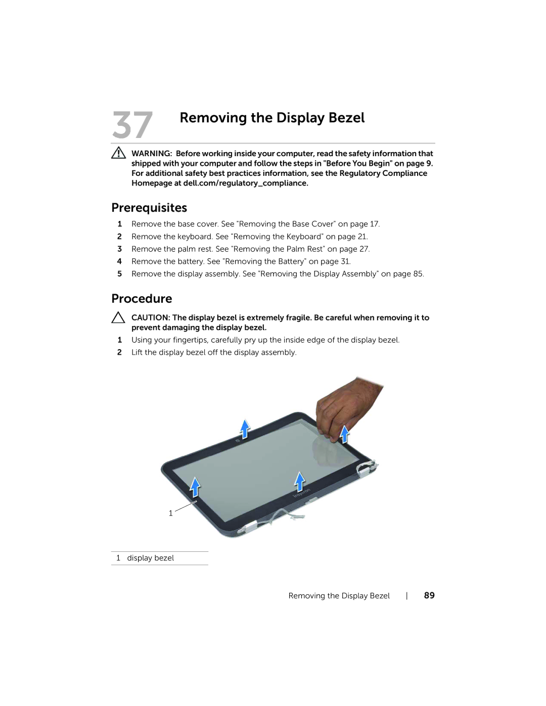 Dell 5323 owner manual Removing the Display Bezel 