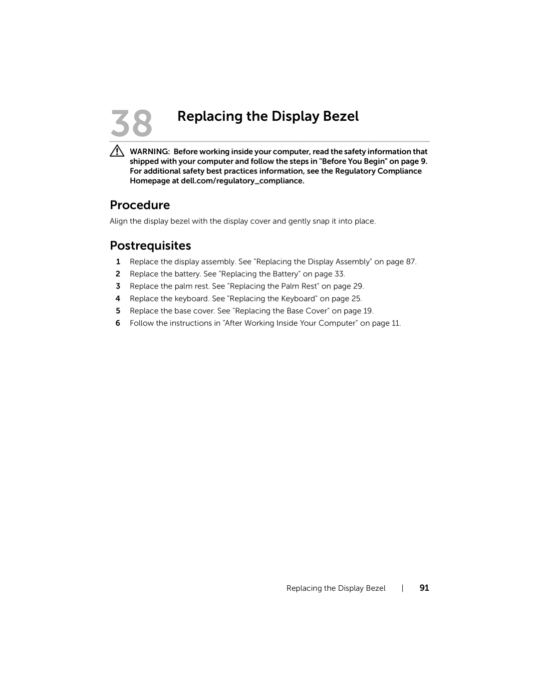 Dell 5323 owner manual Replacing the Display Bezel 