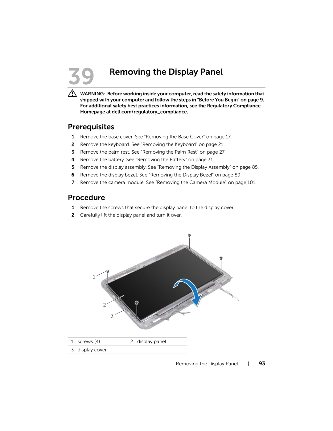 Dell 5323 owner manual Removing the Display Panel 