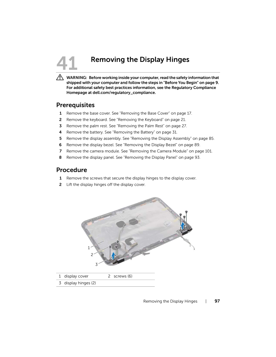 Dell 5323 owner manual Removing the Display Hinges 