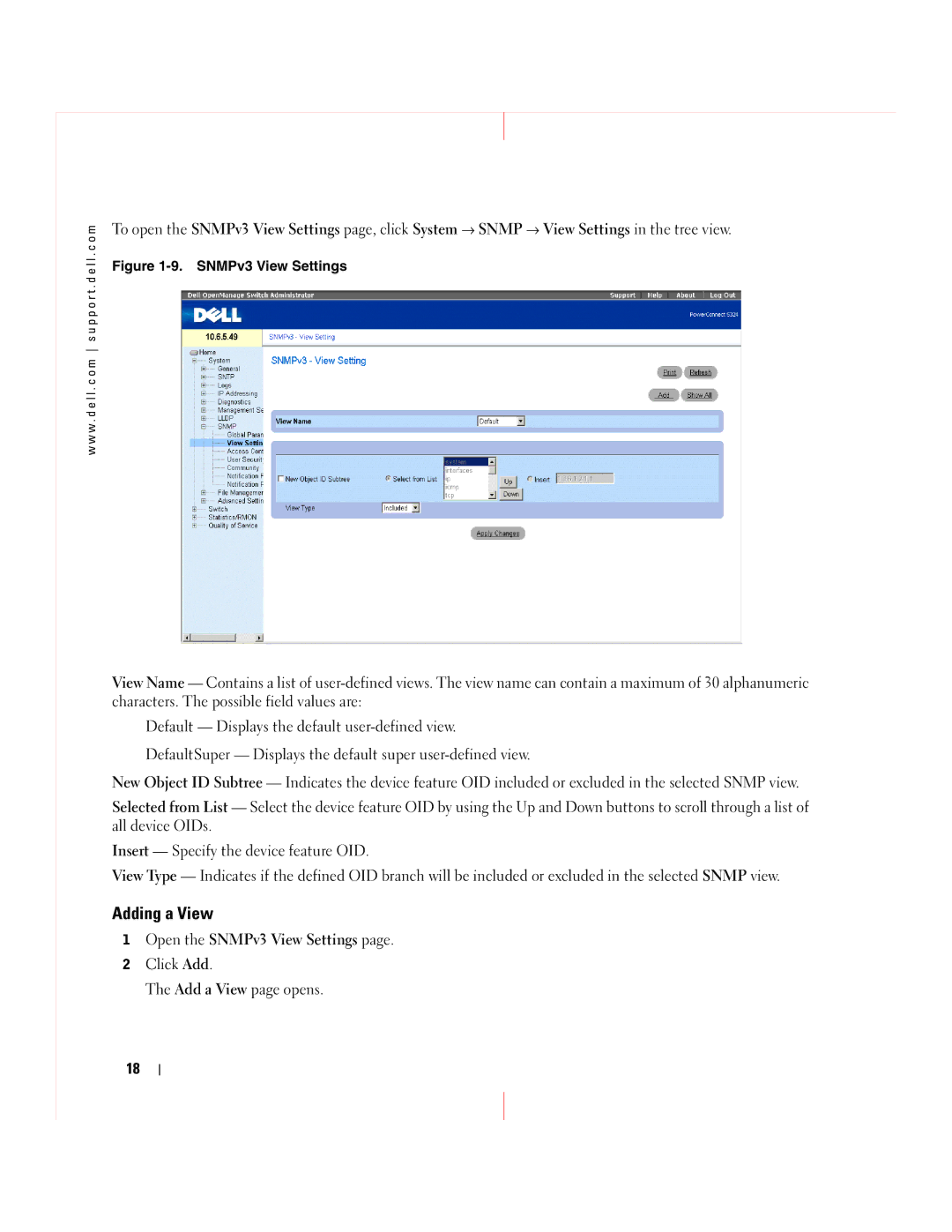 Dell 5324 manual Adding a View, SNMPv3 View Settings 