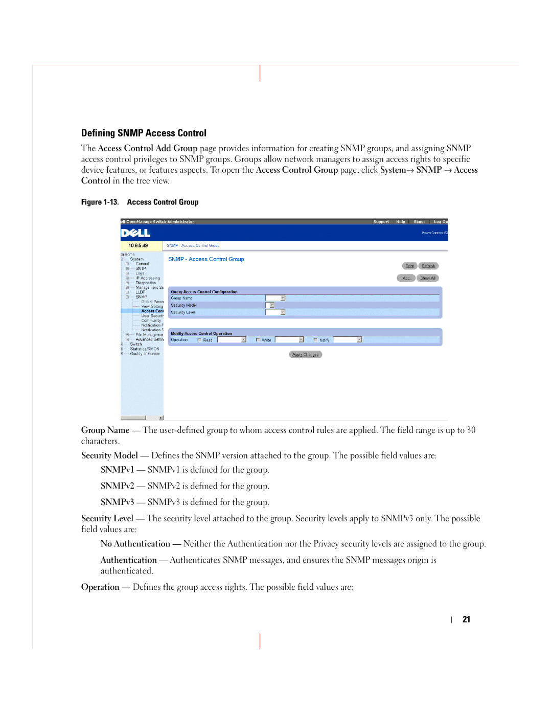 Dell 5324 manual Defining Snmp Access Control, Access Control Group 