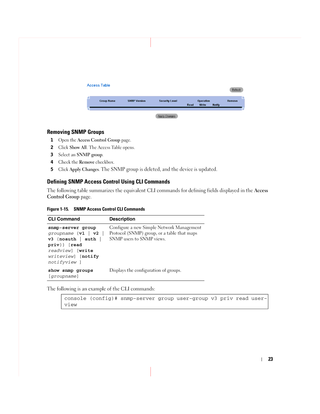 Dell 5324 manual Removing Snmp Groups, Defining Snmp Access Control Using CLI Commands 