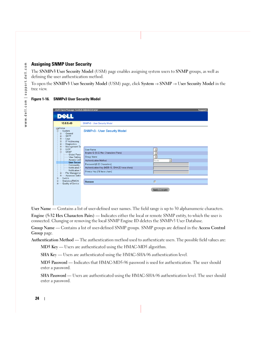 Dell 5324 manual Assigning Snmp User Security, SNMPv3 User Security Model 