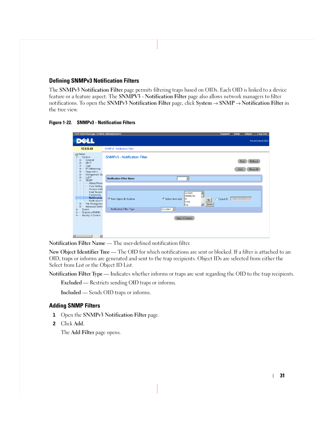 Dell 5324 manual Defining SNMPv3 Notification Filters, Adding Snmp Filters 