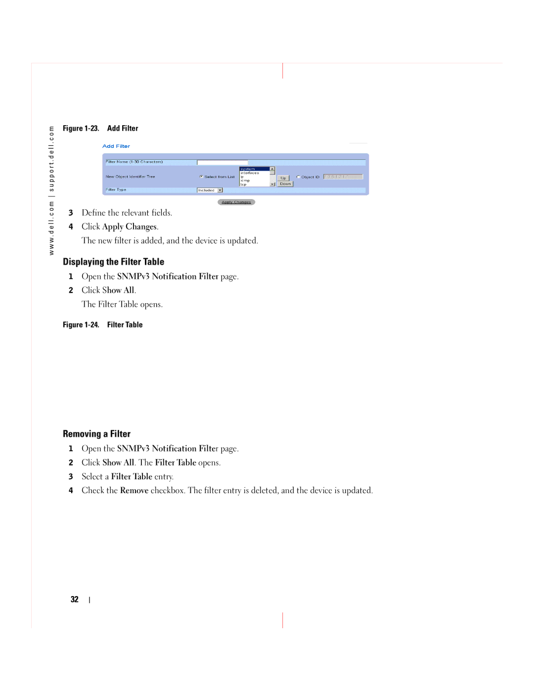 Dell 5324 manual Displaying the Filter Table, Removing a Filter 