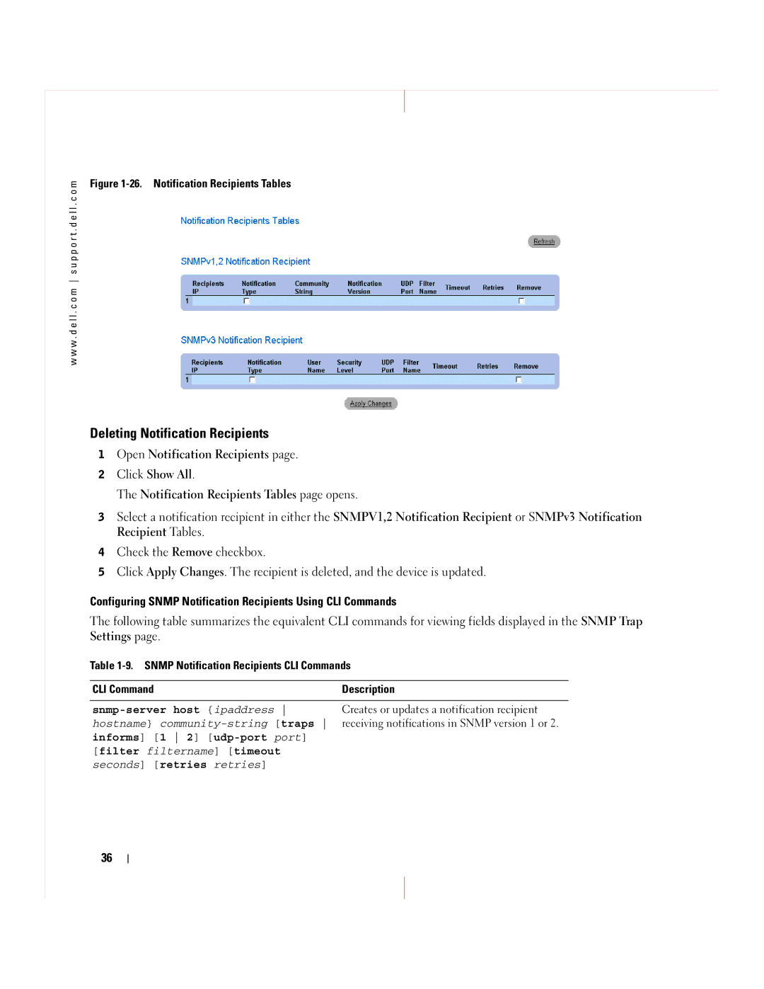 Dell 5324 manual Deleting Notification Recipients, Notification Recipients Tables 