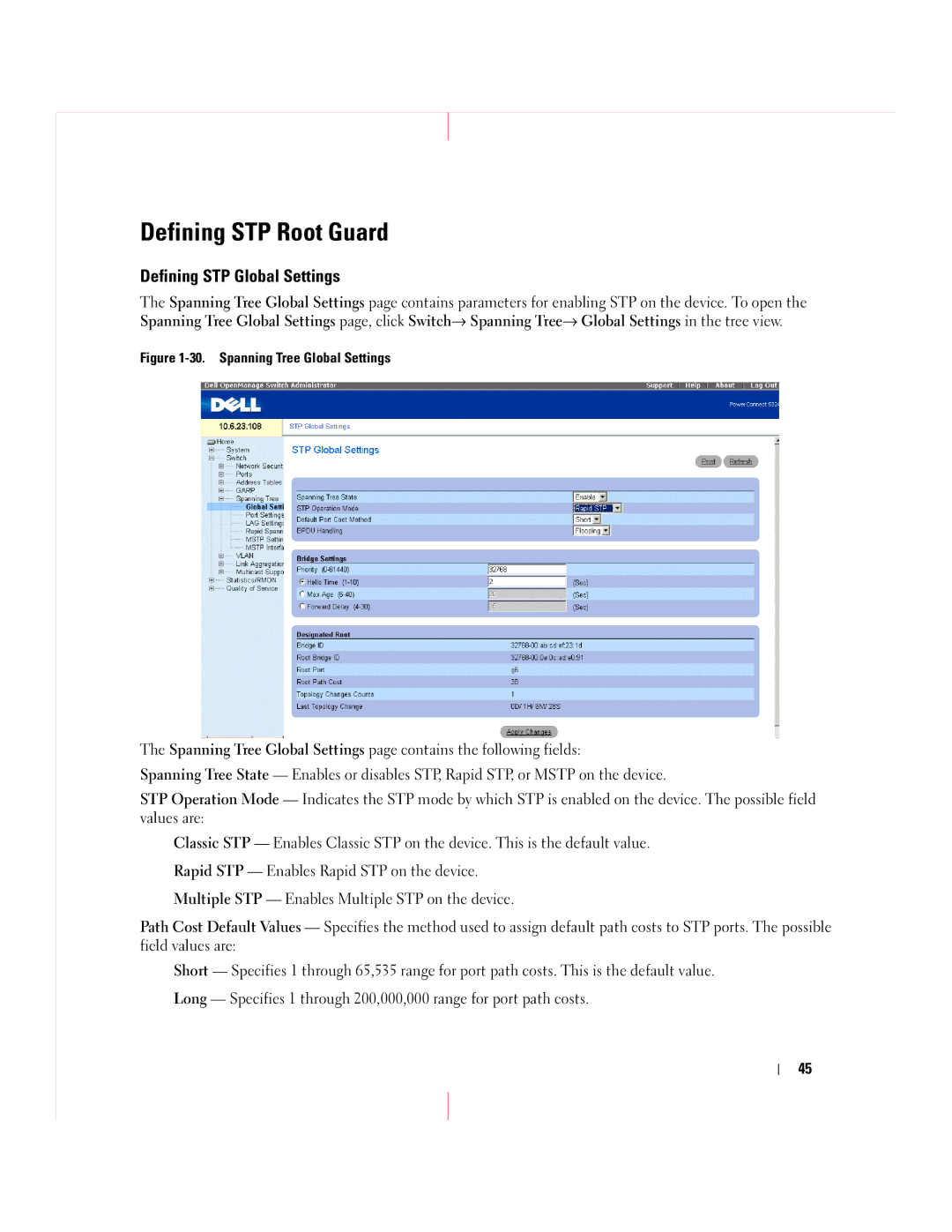 Dell 5324 manual Defining STP Root Guard, Defining STP Global Settings 