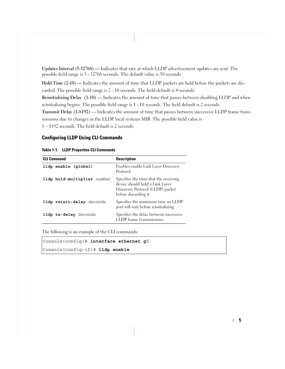 Dell 5324 manual Configuring Lldp Using CLI Commands, Lldp hold-multiplier number 