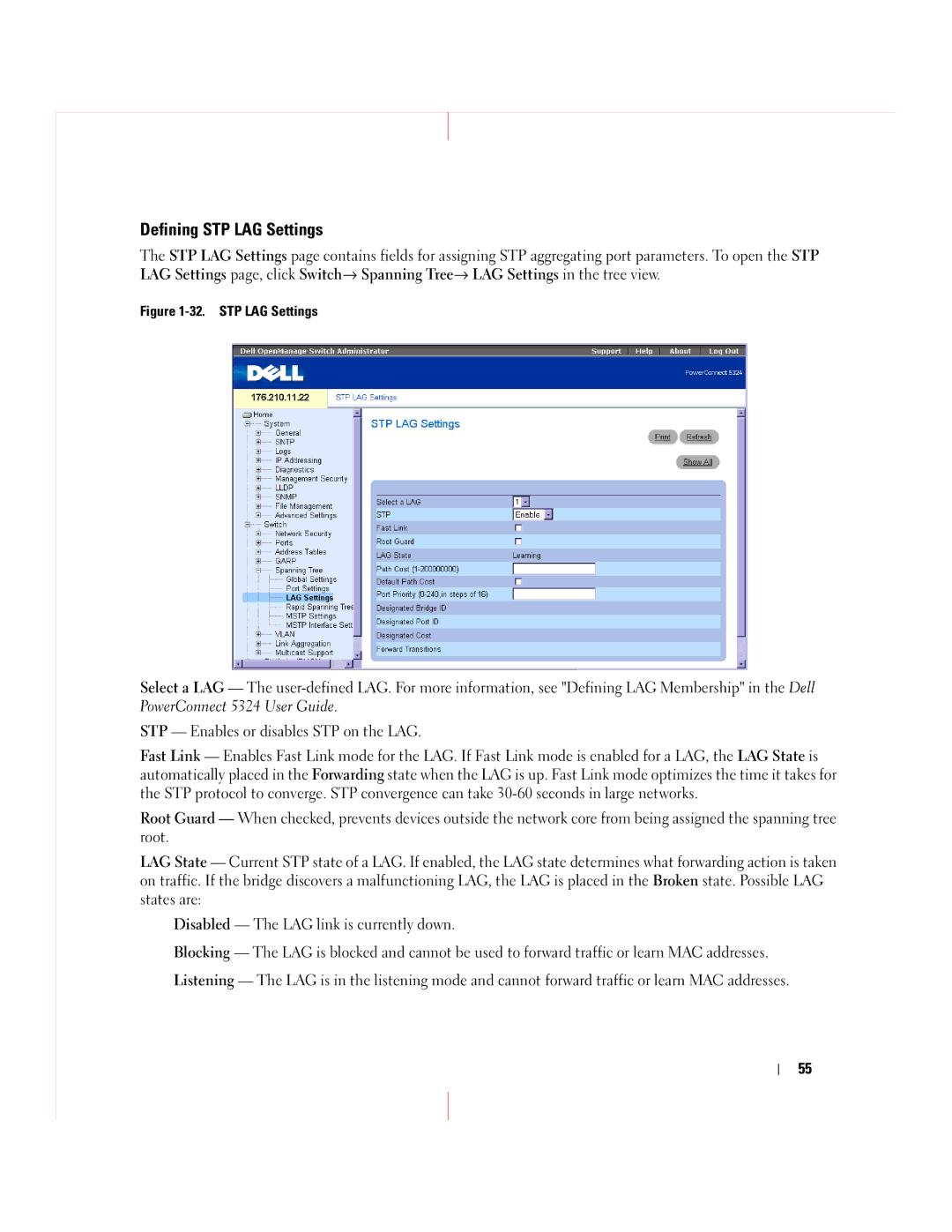 Dell 5324 manual Defining STP LAG Settings 