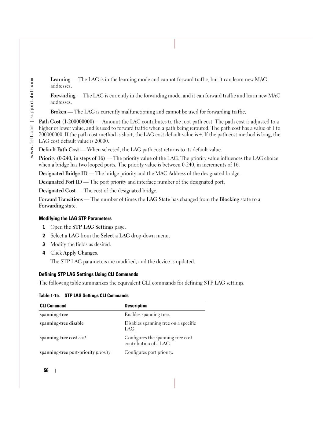 Dell 5324 manual STP LAG Settings CLI Commands Description Spanning-tree 