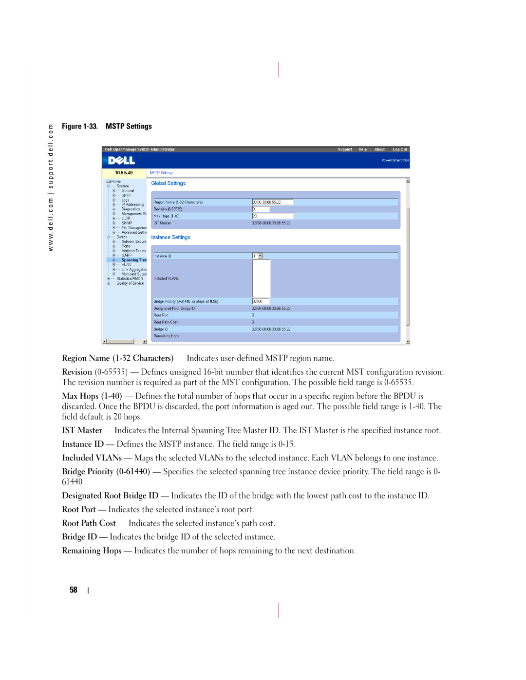 Dell 5324 manual Mstp Settings 