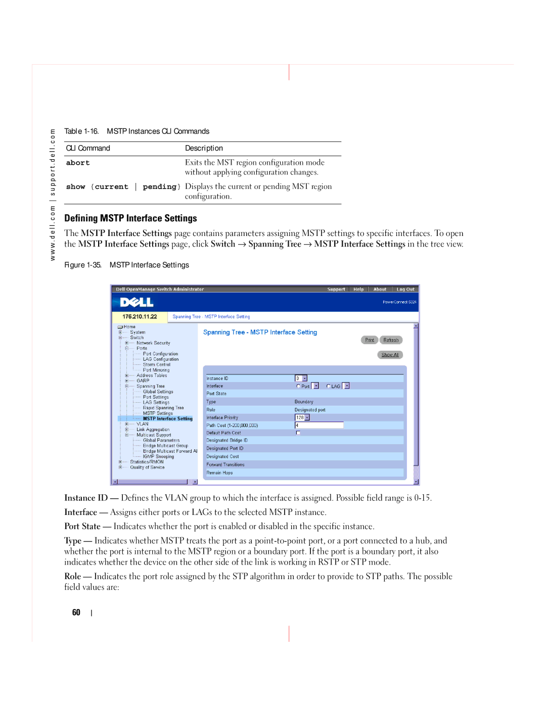 Dell 5324 manual Defining Mstp Interface Settings, Abort 