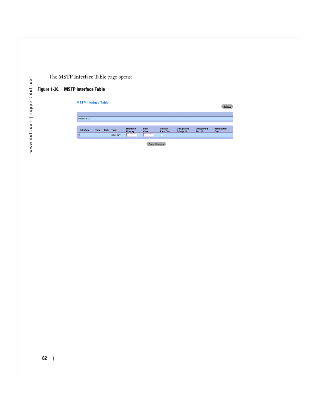 Dell 5324 manual Mstp Interface Table page opens 