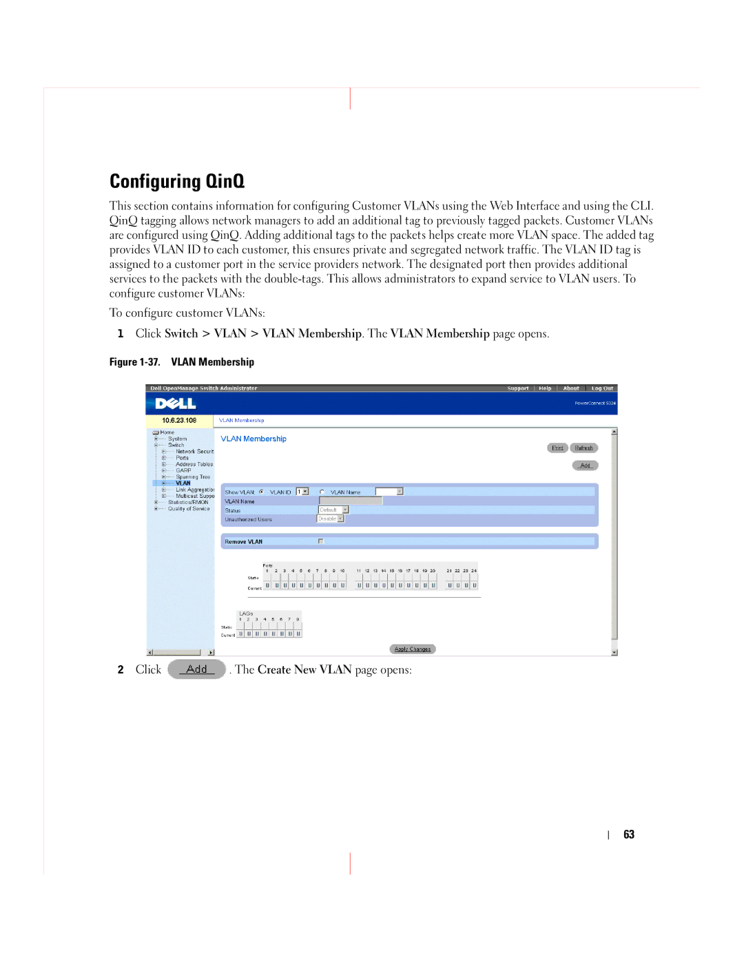 Dell 5324 manual Configuring QinQ, Vlan Membership 