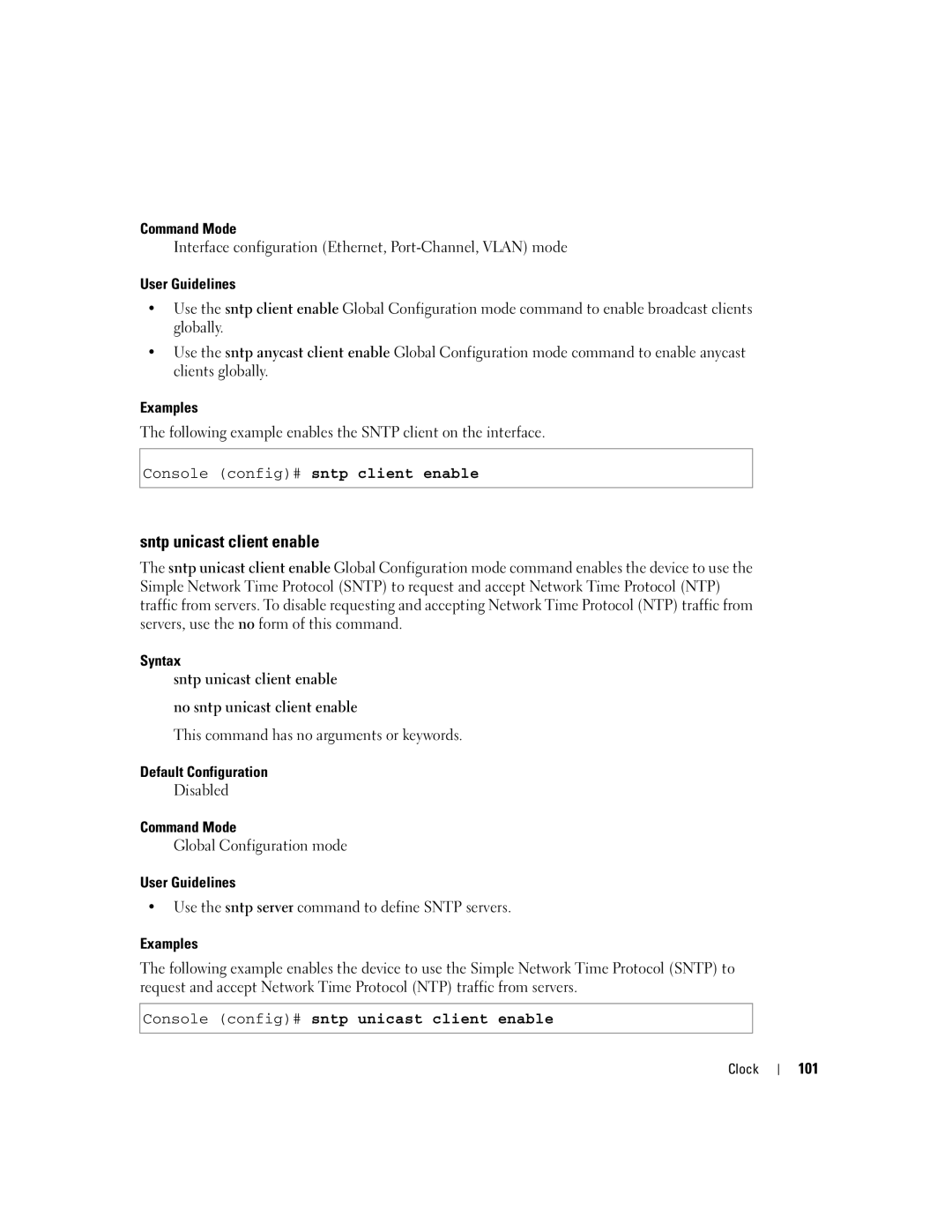 Dell 5324 manual Sntp unicast client enable, Console config# sntp unicast client enable, 101 