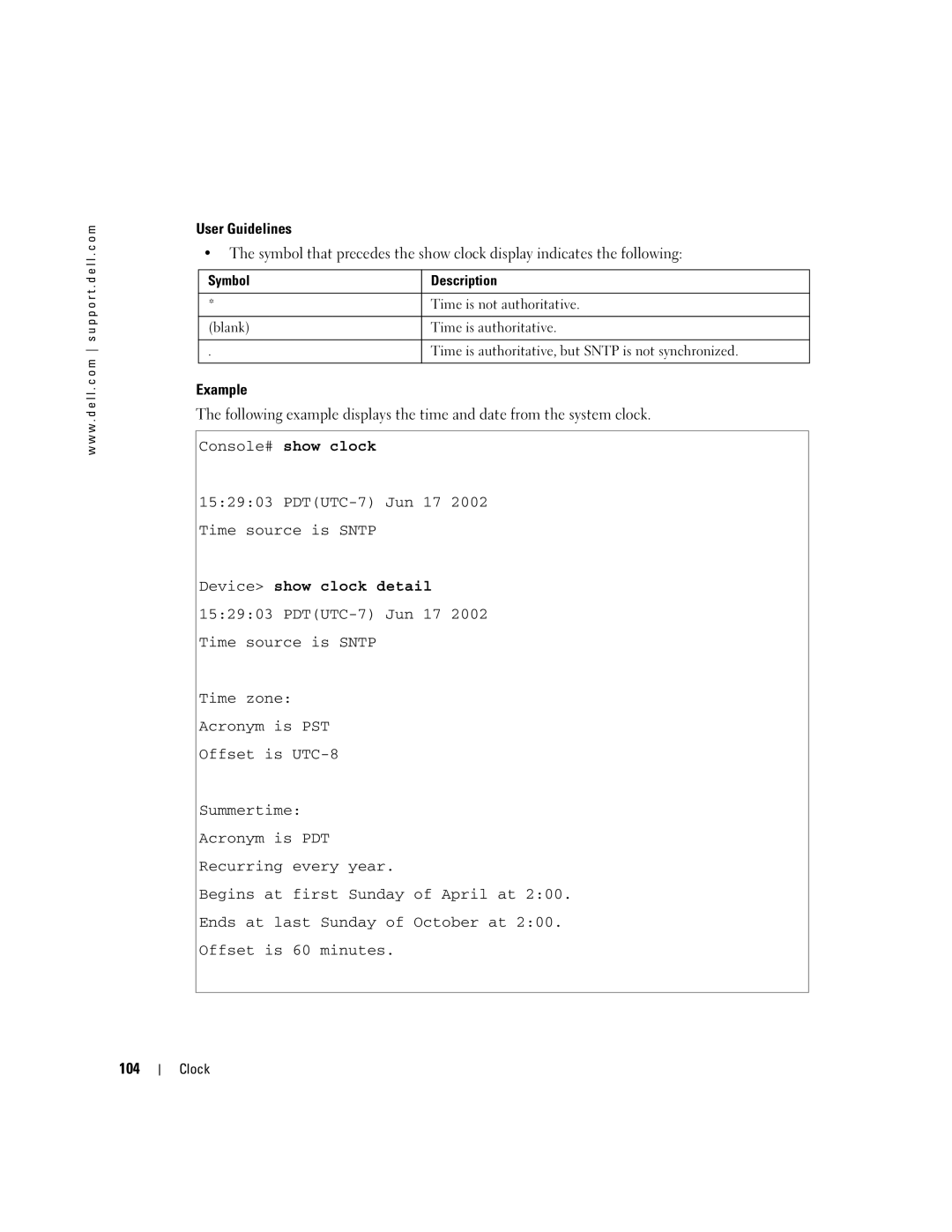 Dell 5324 manual Console# show clock, 104 