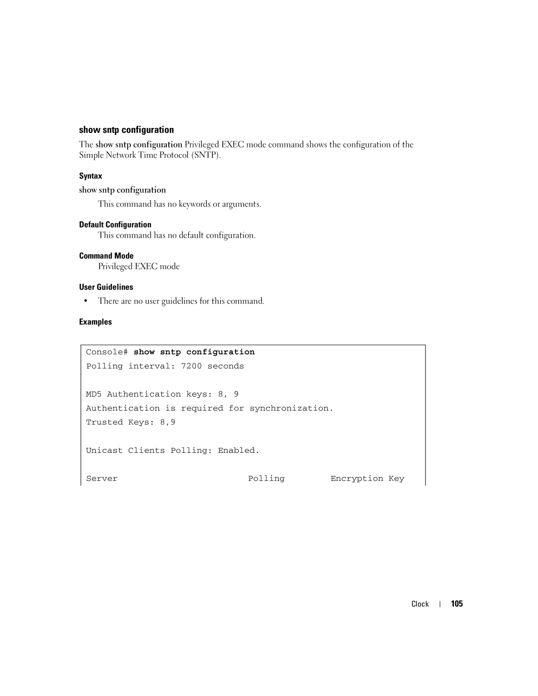 Dell 5324 manual Syntax Show sntp configuration, Console# show sntp configuration, 105 