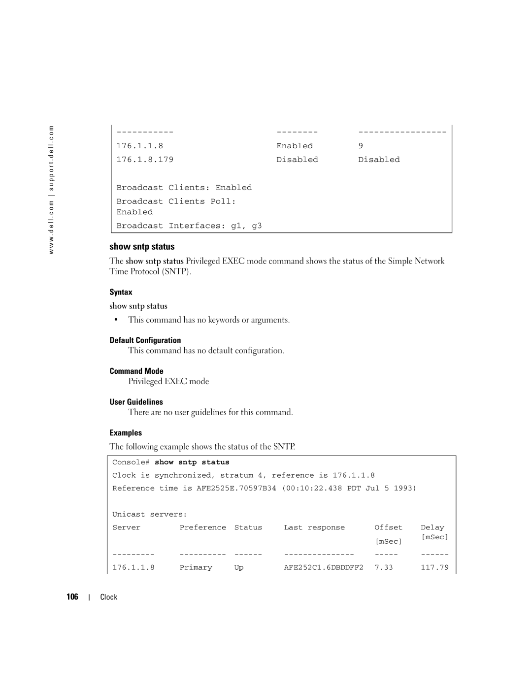 Dell 5324 Syntax Show sntp status, Following example shows the status of the Sntp, 106, Console# show sntp status 