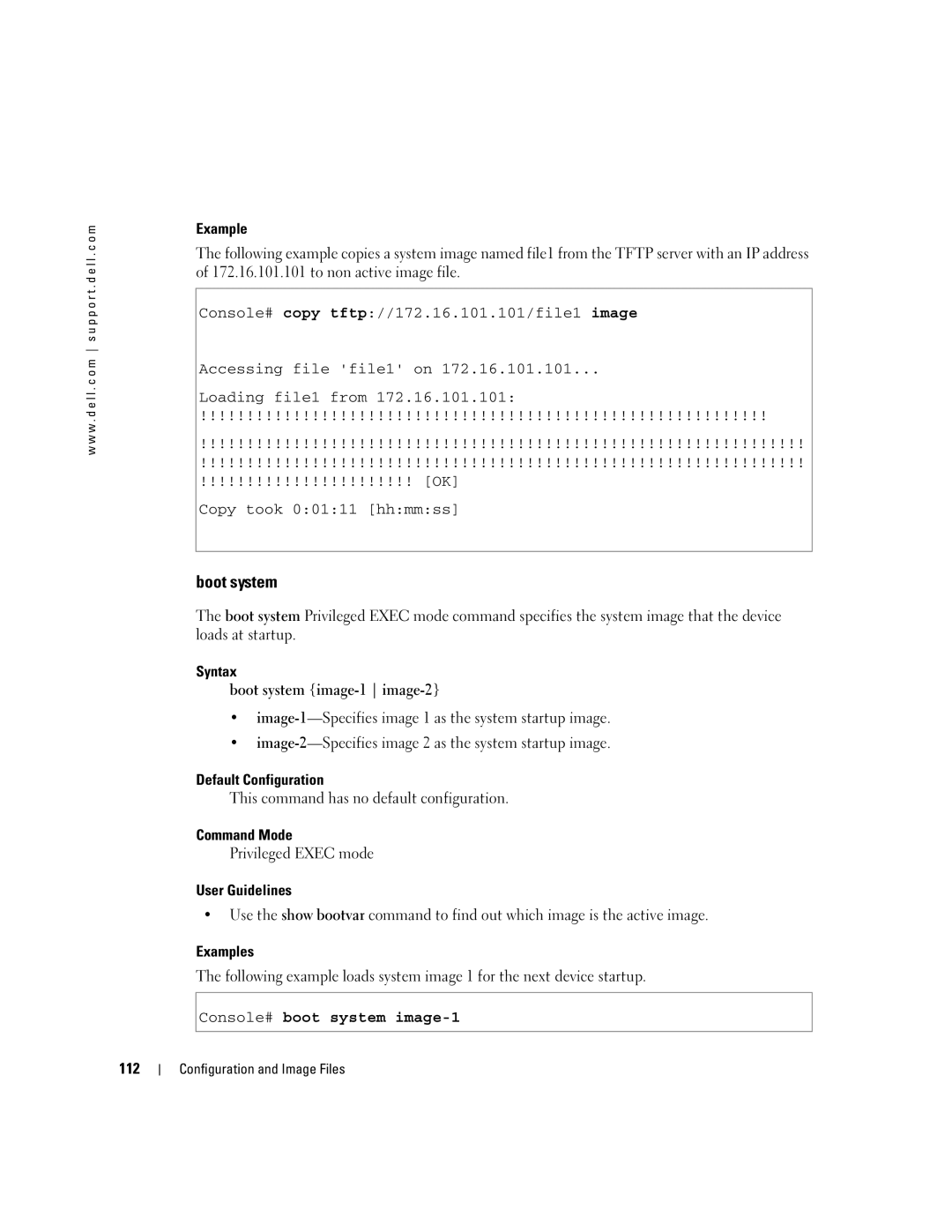 Dell 5324 manual Syntax Boot system image-1 image-2, Console# boot system image-1, 112 