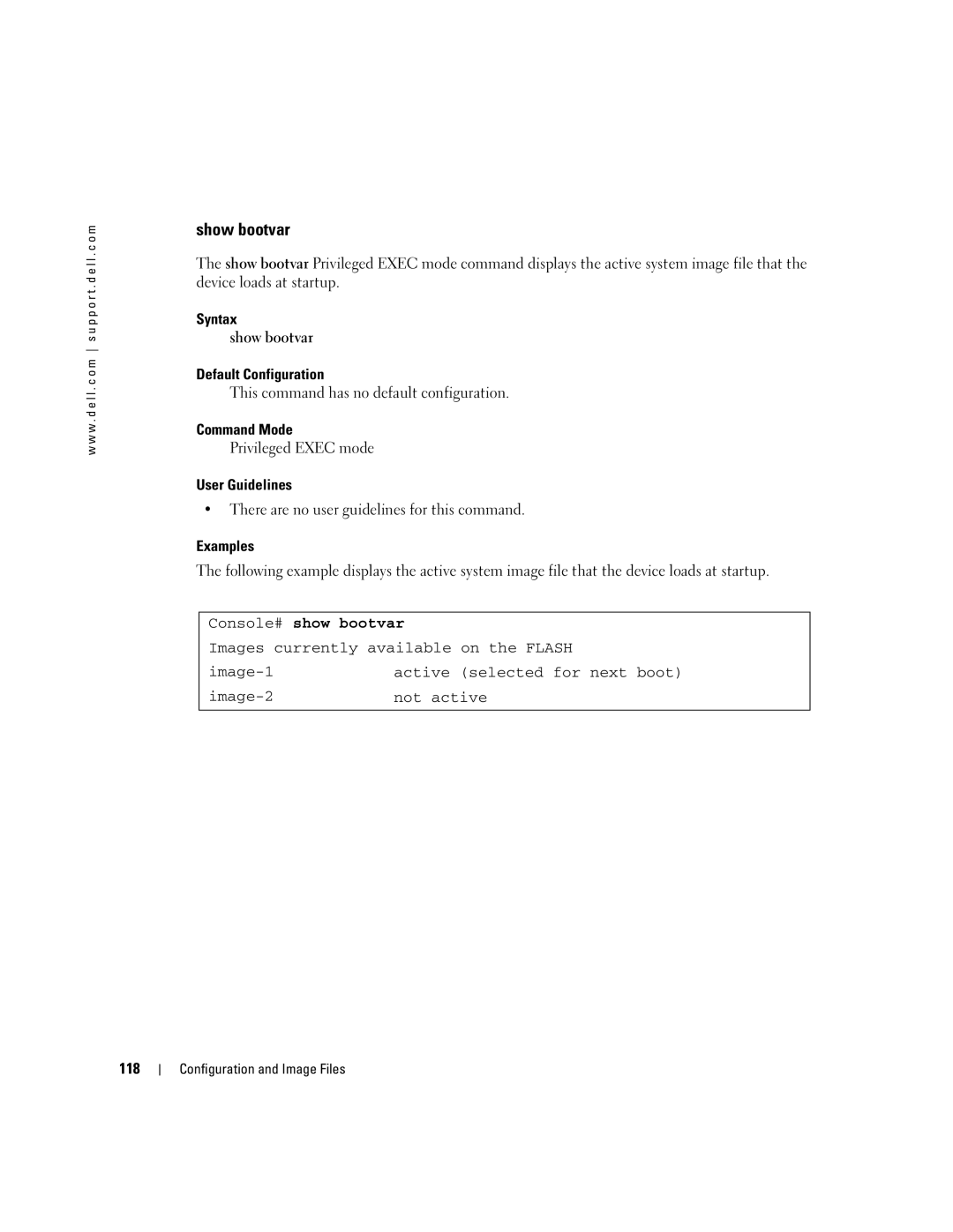 Dell 5324 manual Syntax Show bootvar Default Configuration, Console# show bootvar, 118 