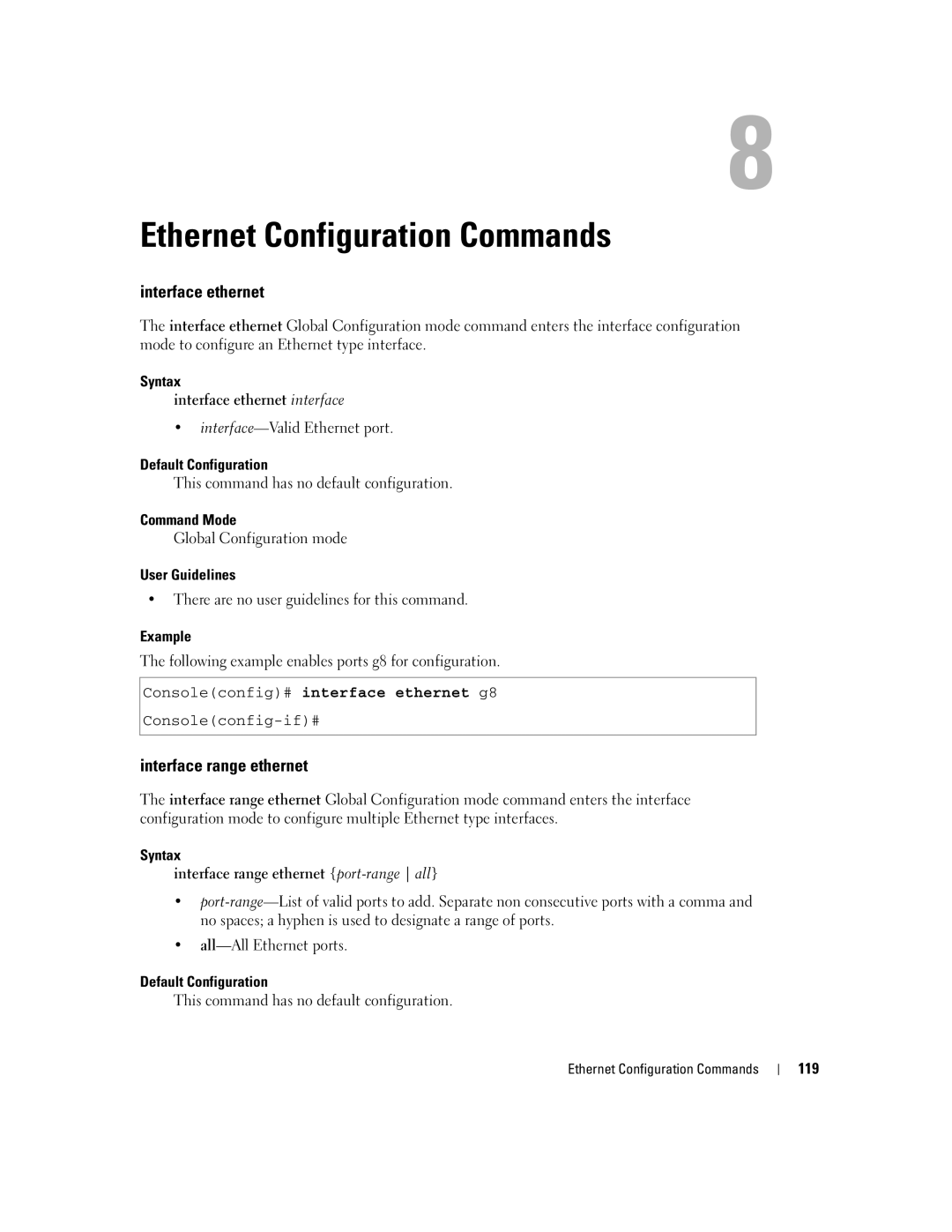 Dell 5324 manual Ethernet Configuration Commands, Interface ethernet, Interface range ethernet 