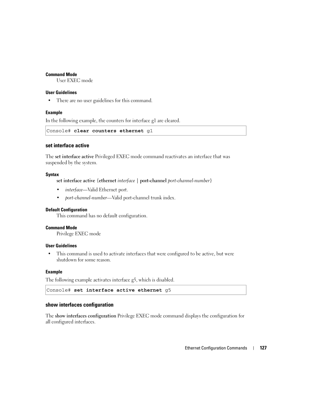 Dell 5324 manual Set interface active, Show interfaces configuration, Console# clear counters ethernet g1, 127 