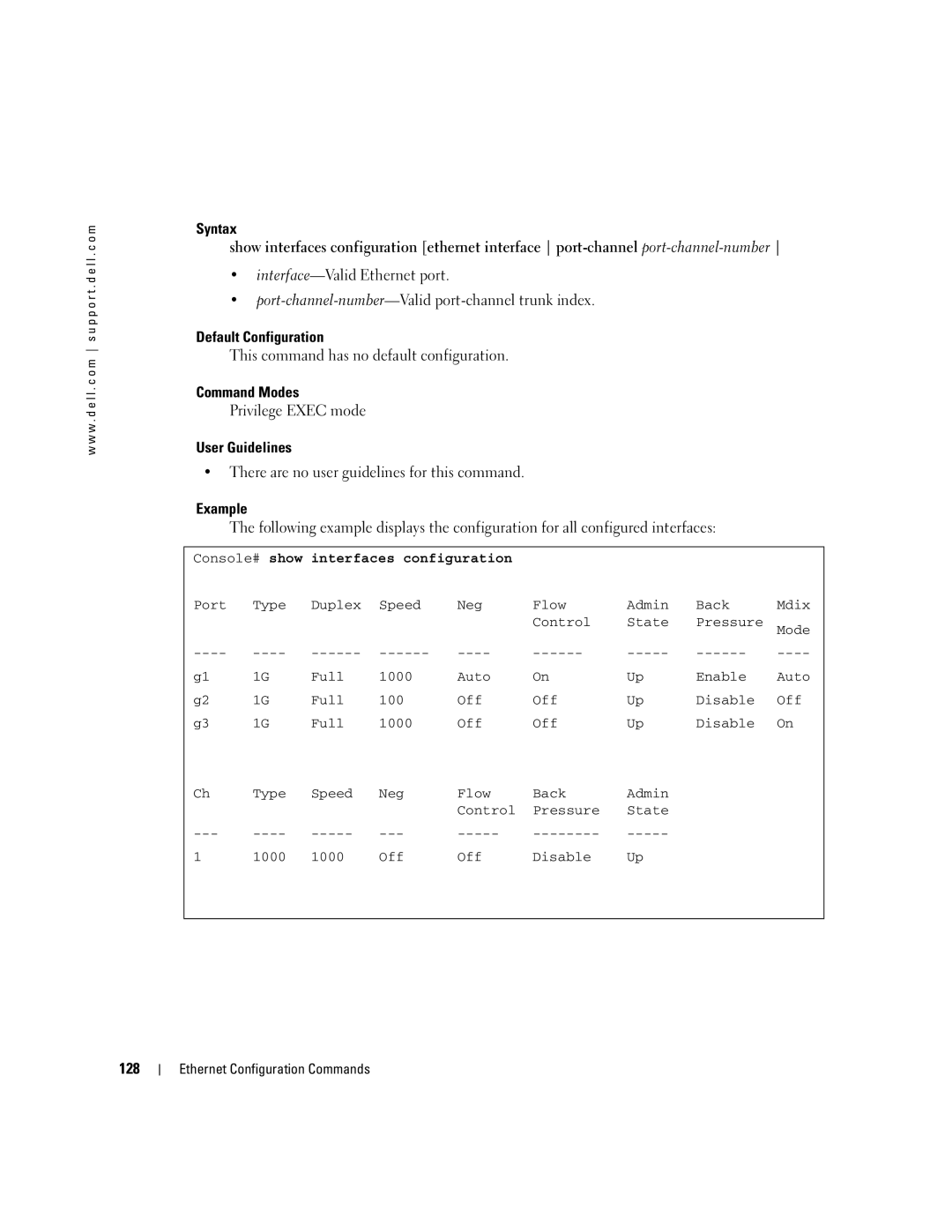 Dell 5324 manual 128, Interfaces configuration 