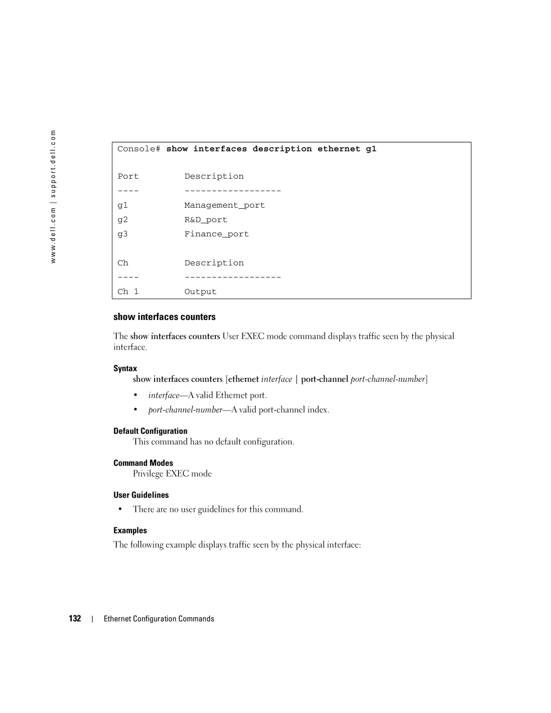 Dell 5324 manual Show interfaces counters, Console# show interfaces description ethernet g1, 132 