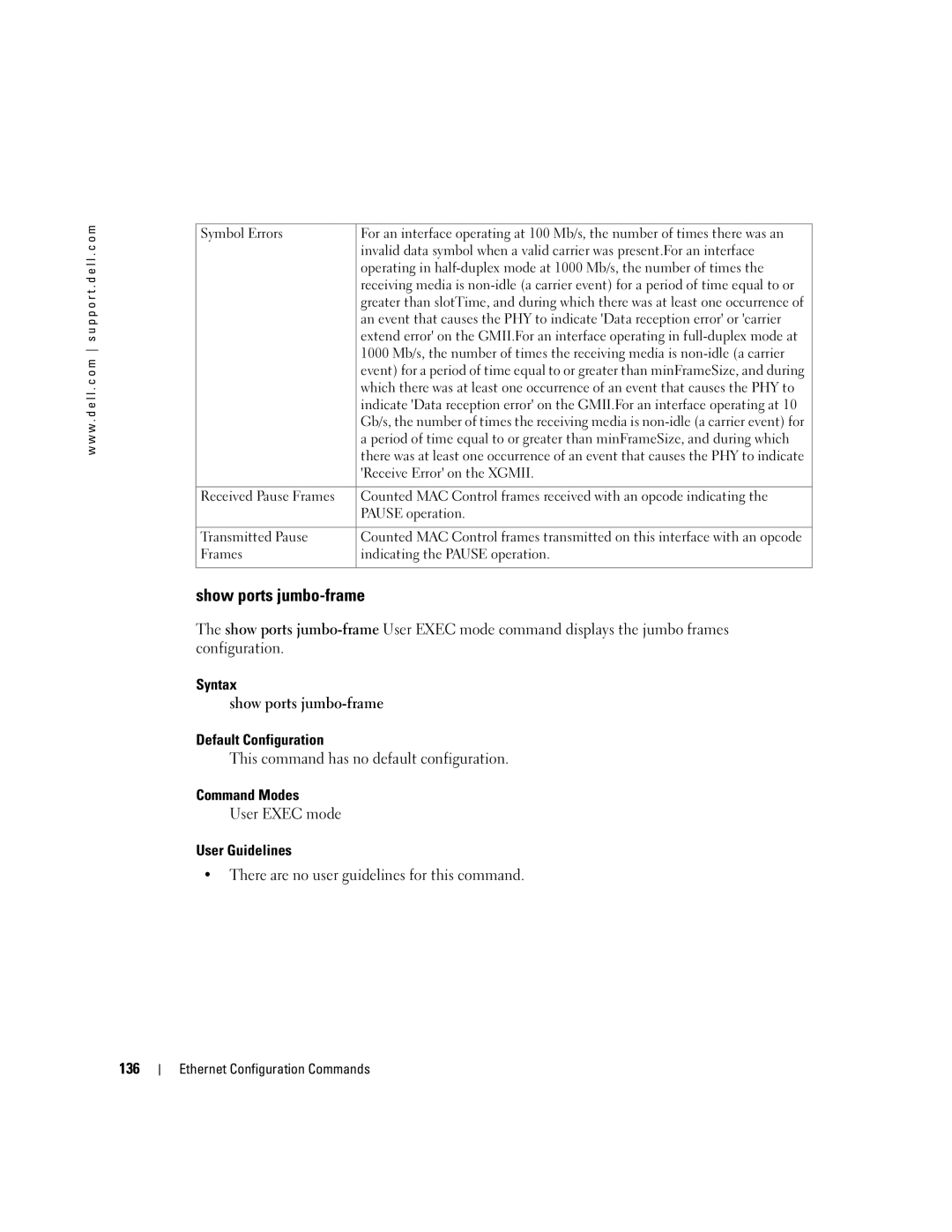 Dell 5324 manual Syntax Show ports jumbo-frame Default Configuration, 136 