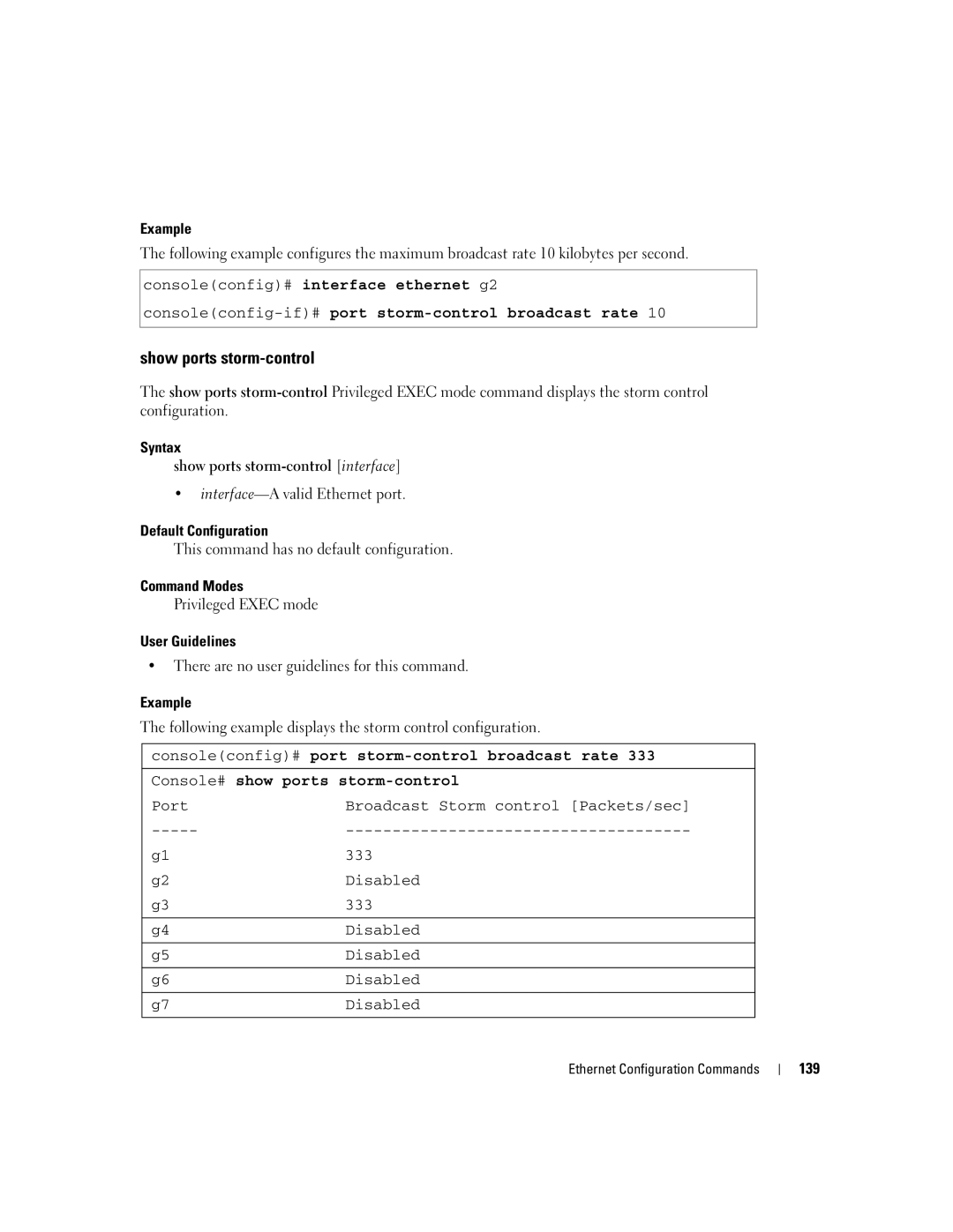 Dell 5324 manual Show ports storm-control, Consoleconfig-if#port storm-control broadcast rate, 139 