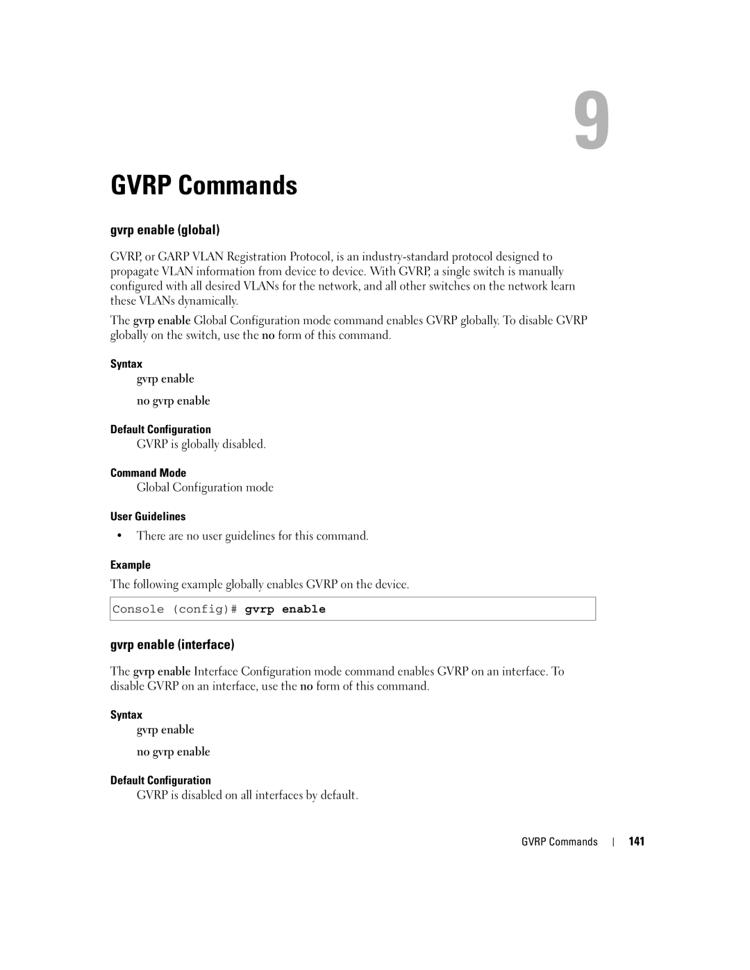 Dell 5324 manual Gvrp Commands, Gvrp enable global, Gvrp enable interface, 141 